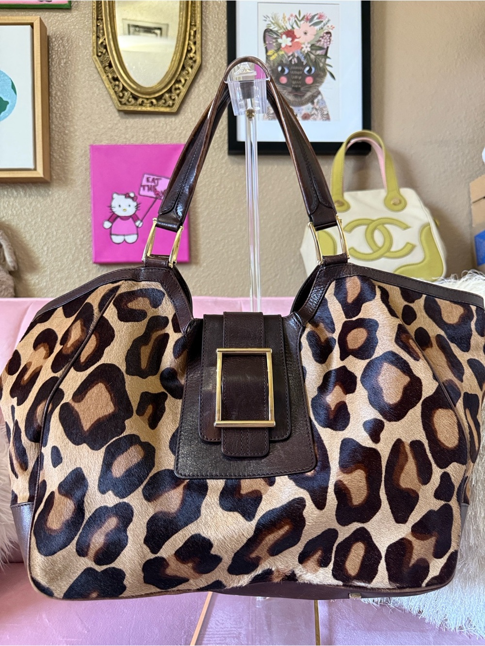 💯Auth!LAMBERTSON TRUEX Leopard Print PONYHAIR Shoulder Bag Gold Buckle Hardware